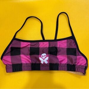 Betty Designs Pink and Black Checkered swim top. Medium.